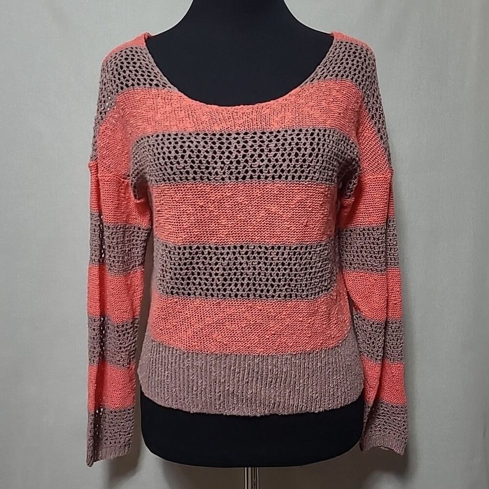 I Love Ronson Open Knit Sweater Womens Size Small Stripe Pink Beige LS
